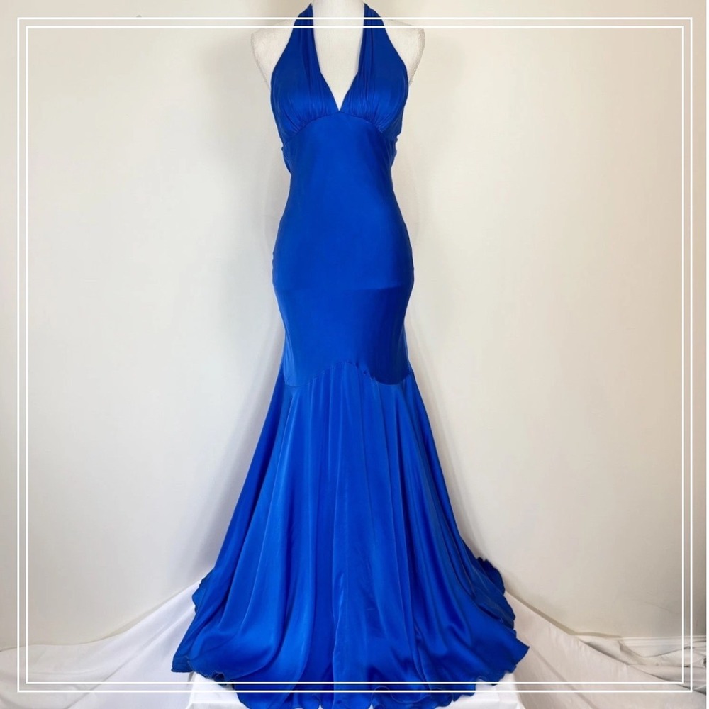 Caché Silk Gown Women 4 Blue Excellent Y2K Halter Open Back Formal Maxi Dress